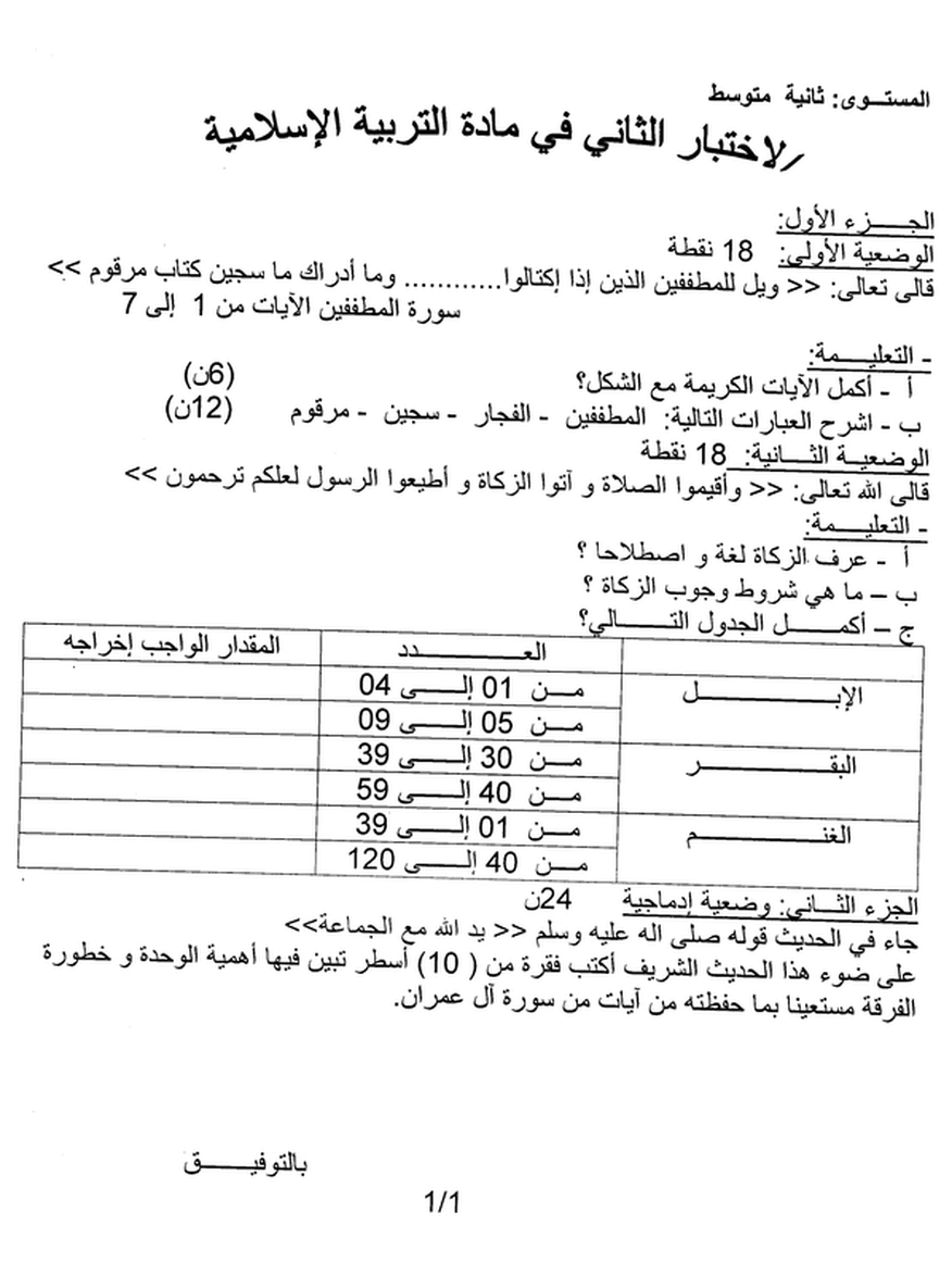 اختبارات الفصل الثاني في التربية الاسلامية للسنة الثانية متوسط 5082600